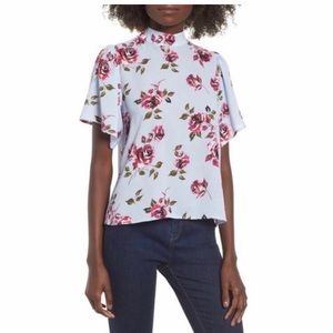 Bp Floral Print Mock Neck Blouse Flutter Sleeves